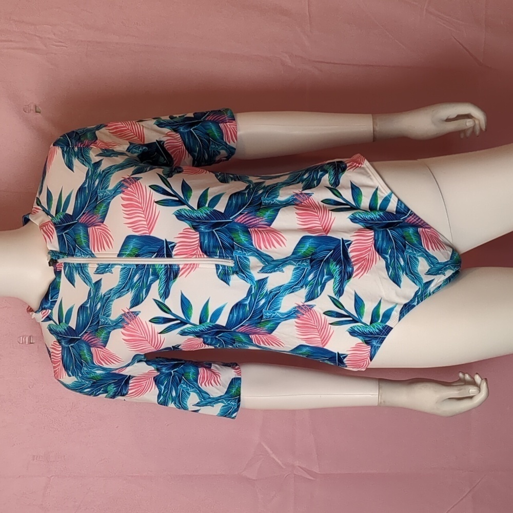 Half Zip Blue Pink and White Tropical Print Half Sleeve One Piece Swimsuit